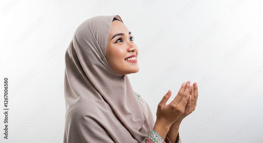 Smiling Woman in Hijab Praying with Hands Raised in Hope Smiling Woman in Hijab Praying with Hands Raised in Hope
