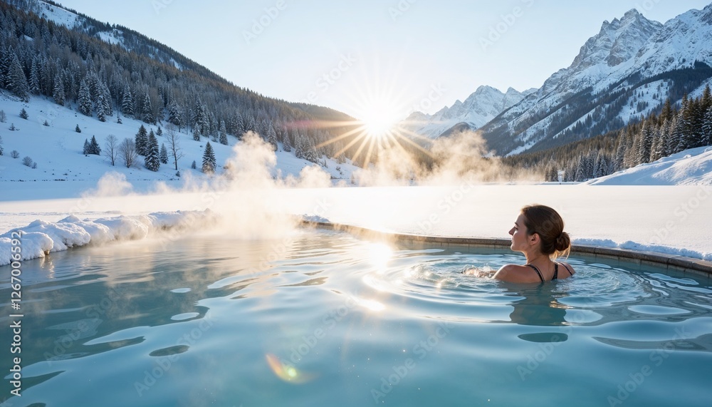 Relaxed woman enjoying a hot spring in a snowy landscape with mountains during sunrise, with copy space Relaxed woman enjoying a hot spring in a snowy landscape with mountains during sunrise, with copy space
