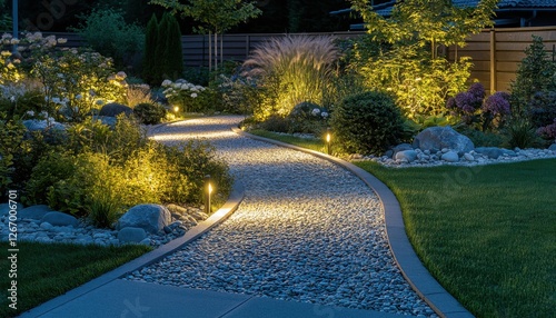Beautiful illuminated garden pathway at night.