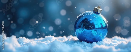 Shiny blue ornament is suspended in the air with snow, shimmering, winter