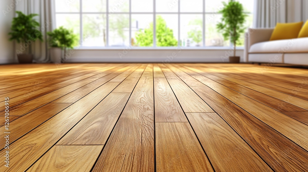 Warm sunlight illuminates polished hardwood floor. AI Generated