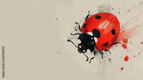 A stylized illustration of a ladybug with red and black paint splatters on a cream background.