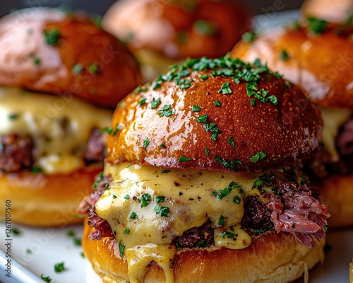 Corned beef sliders with melted Swiss cheese and tangy mustard on brioche buns, perfect for party platters, photo