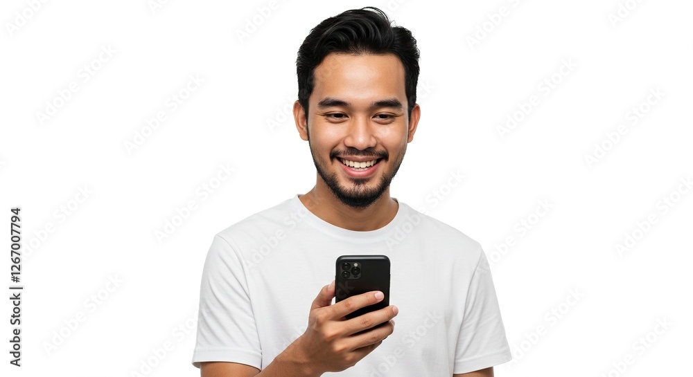 Smiling Asian Man Using Mobile Phone Isolated on White Background Smiling Asian Man Using Mobile Phone Isolated on White Background