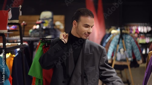 A confident fashion consultant in a black turtleneck and blazer carries colorful garments over his shoulder while browsing stylish clothing in a boutique. His poised expression and elegant attire photo