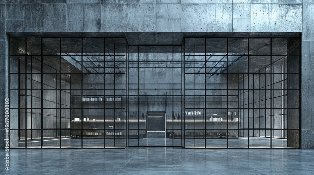 Obraz premium Minimalist interior room with glass facade and concrete walls, used for display