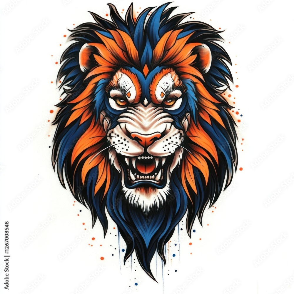 Obraz premium Roaring Lion Head, vibrant colors, white background, artistic illustration, t-shirt design