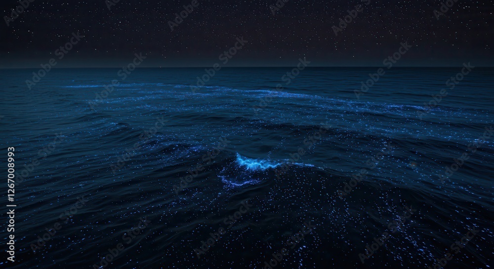 Fototapeta premium Bioluminescent Waves Sparkling Under Starry Night Sky in Dark Ocean