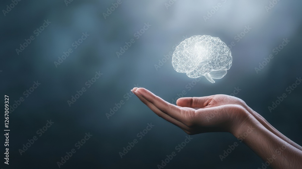 Hand Holding Floating Brain Graphic Representation Hand Holding Floating Brain Graphic Representation