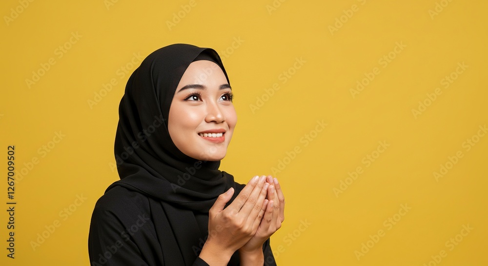 Smiling Muslim Woman in Hijab Praying with Hands Up on Yellow Smiling Muslim Woman in Hijab Praying with Hands Up on Yellow
