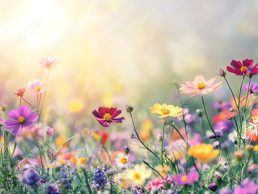 Colorful Spring Flowers with Soft Golden Light, Dreamy Floral Scene with Delicate Blue and White Petals, Lush Greenery, and Gentle Bokeh Background for a Serene Atmosphere Colorful Spring Flowers with Soft Golden Light, Dreamy Floral Scene with Delicate Blue and White Petals, Lush Greenery, and Gentle Bokeh Background for a Serene Atmosphere