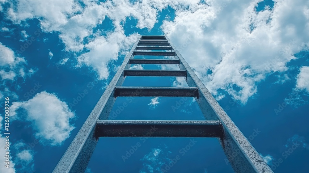 A tall metal ladder reaching into a bright blue sky filled with fluffy white clouds, symbolizing aspiration A tall metal ladder reaching into a bright blue sky filled with fluffy white clouds, symbolizing aspiration