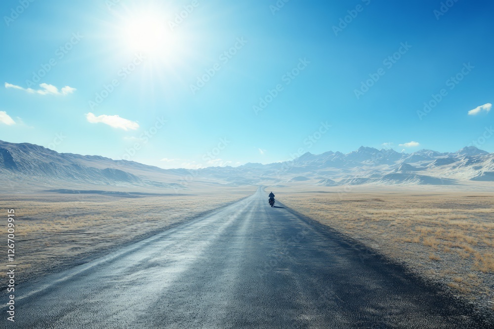 Naklejka premium Motorcycle on sunlit country road, low angle view. AI image