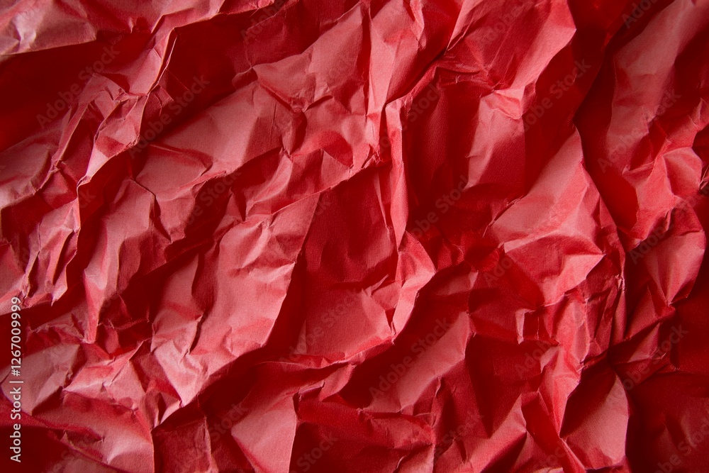 Vibrant red crumpled paper texture with shadows. AI image