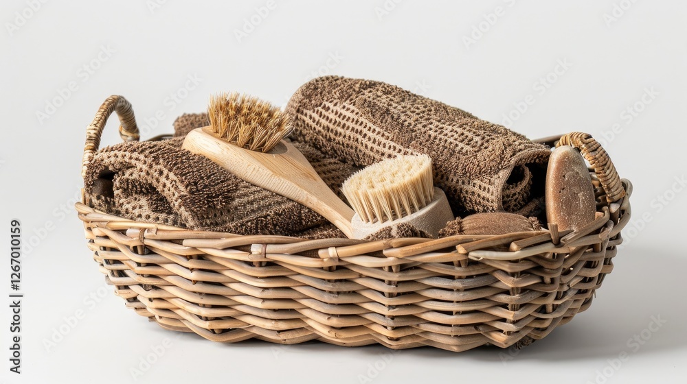 Obraz premium A wicker basket filled with natural spa tools, such as brown towels and a wooden brush and soap