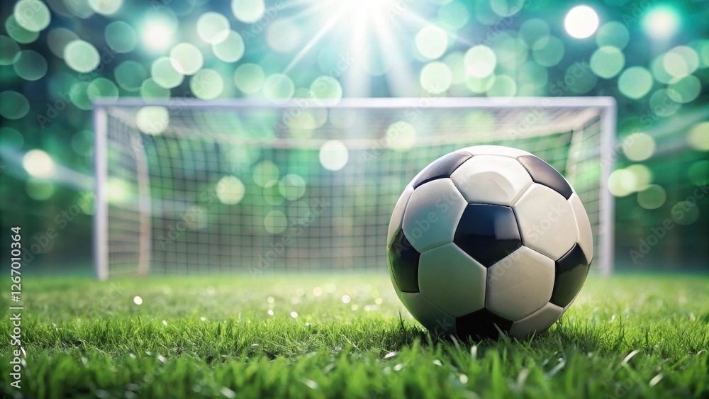 Fototapeta premium A soccer ball rests on a vibrant green field, poised before an empty goal, bathed in the warm glow of sunlight.