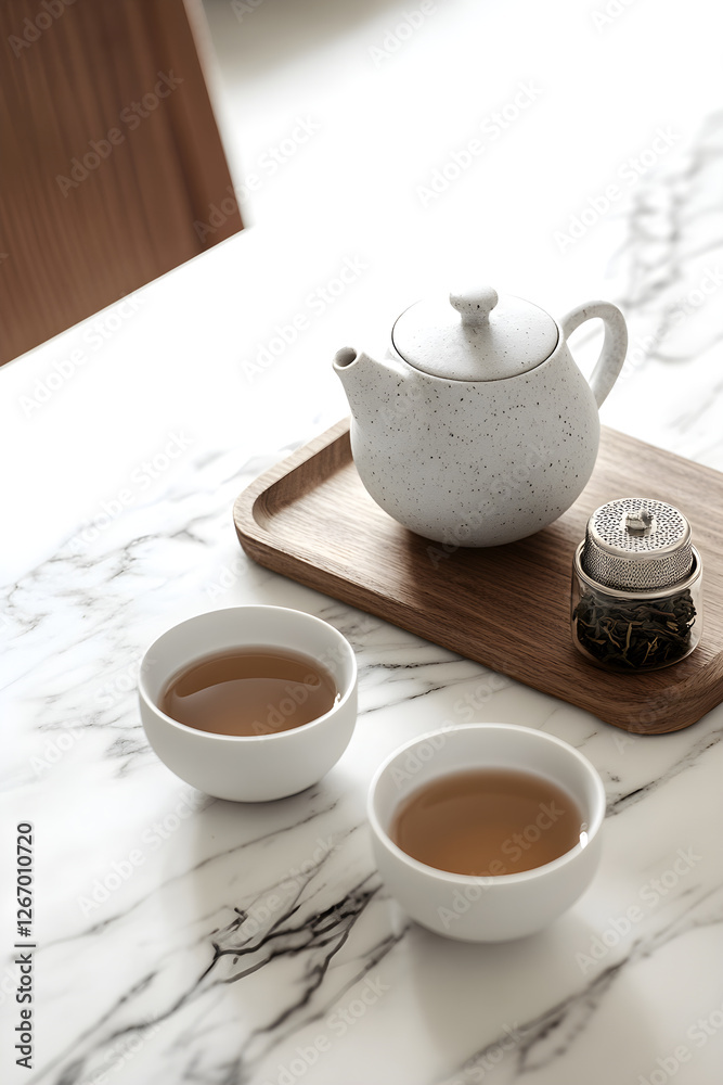 Elegant Harmony: A Modern Tea Set on Marble Table Display Elegant Harmony: A Modern Tea Set on Marble Table Display