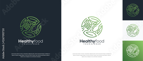 Healthy food logo design vector concept. Healthy food logo icon with leaf.