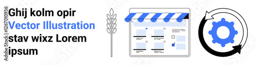 E-commerce shopfront with blue awning, cogwheel with circular arrows, and wheat stalk. Ideal for online shopping, digital marketing, agricultural business, workflow automation, technology