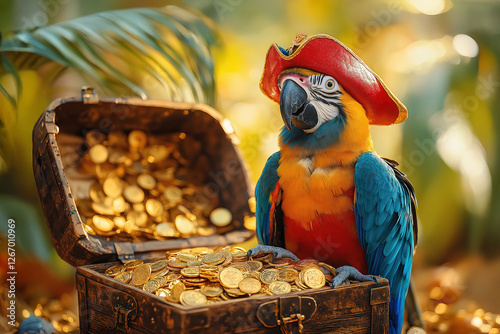 Parrot wearing pirate hat guarding treasure chest filled with gold coins