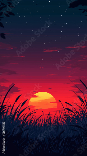 Stunning Sunset Over a Silhouette of Tall Grasses with Starry Sky