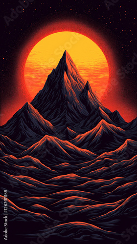 Vivid Sunrise Over Majestic Mountain Peaks Surrounded by Dramatic Landscape