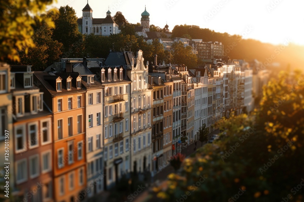 Fototapeta premium City buildings and church with sunlit backdrop, perfect cityscape travel