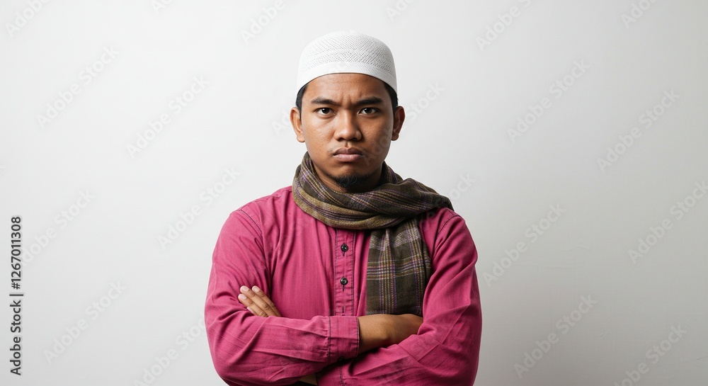 Serious Muslim Man in Kufi Hat with Arms Crossed Portrait Serious Muslim Man in Kufi Hat with Arms Crossed Portrait