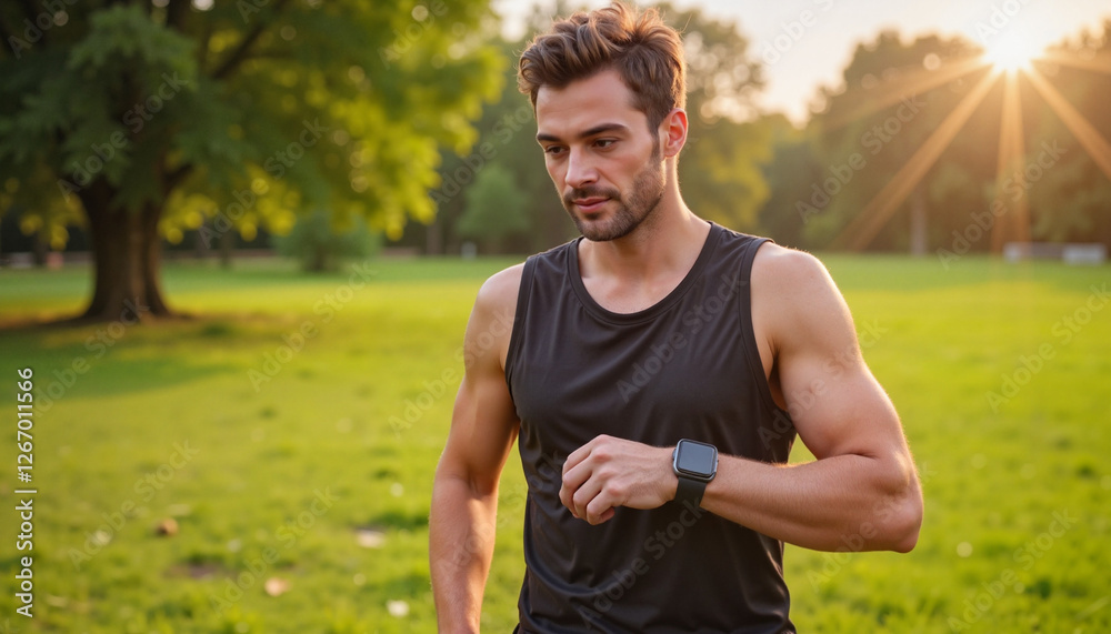 Sporty man checking smartwatch while jogging in the park, fitness motivation Sporty man checking smartwatch while jogging in the park, fitness motivation