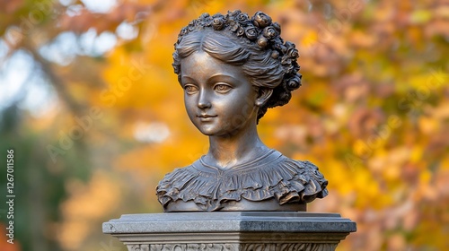 Bronze Girl Bust Autumnal Light. AI Generated