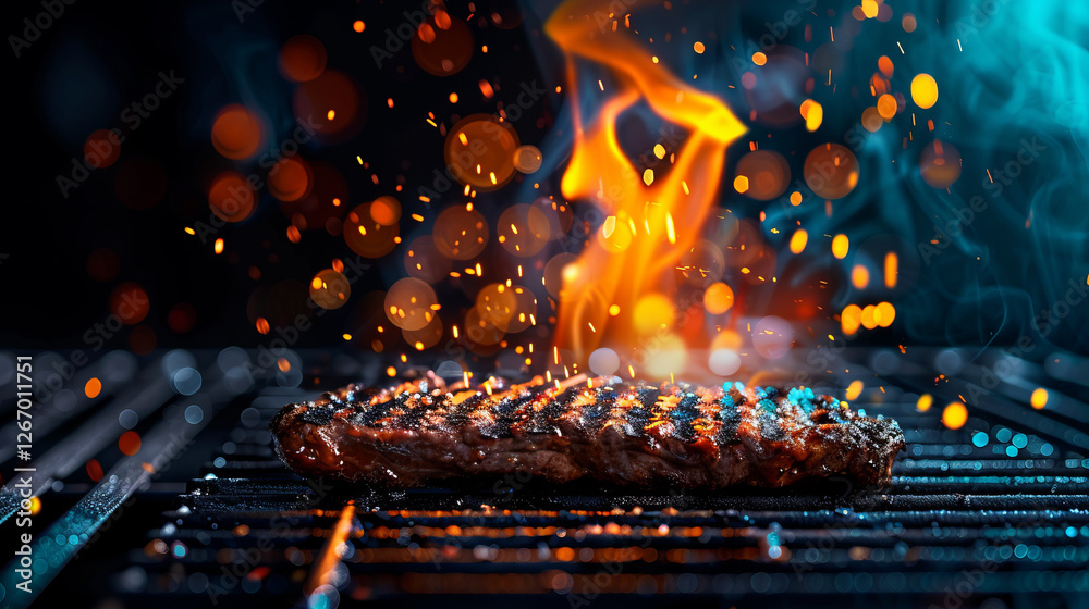 custom made wallpaper toronto digitalSizzling Steak on Grill: A succulent steak sizzles on a hot grill, flames licking its surface, creating a mouthwatering display of culinary perfection. Sparks fly, adding to the dramatic effect.