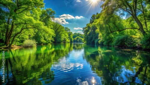 Serene River Reflecting Lush Summer Foliage Under a Bright Sunny Sky
