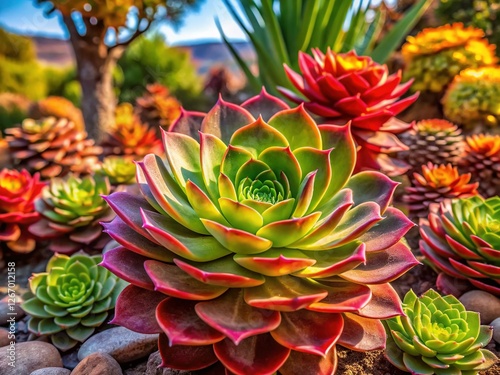 Aeonium Canariense & Echinopsis Spachiana Succulents in a Vibrant Garden photo