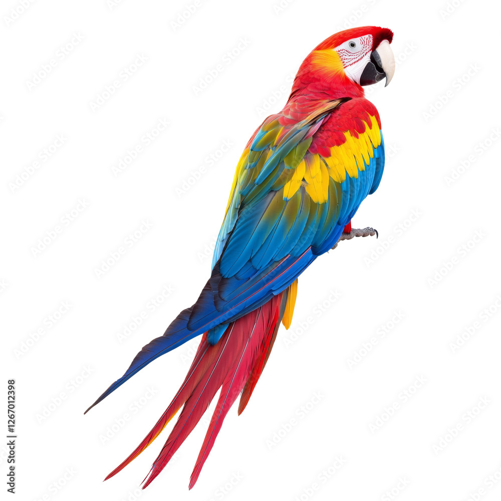 Fototapeta premium vibrant macaw perched on branch, showcasing its colorful feathers in red, yellow, and blue. This stunning bird is symbol of tropical beauty and wildlife