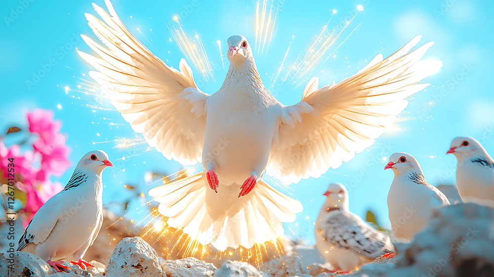 Obraz premium A majestic white dove takes flight, surrounded by a radiant golden glow, symbolizing peace, hope, and spirituality.