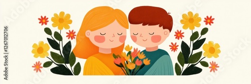 Happy couple embracing with flowers, colorful illustration showing love and joy in a warm, vibrant setting, perfect for spring themes and romantic occasions
