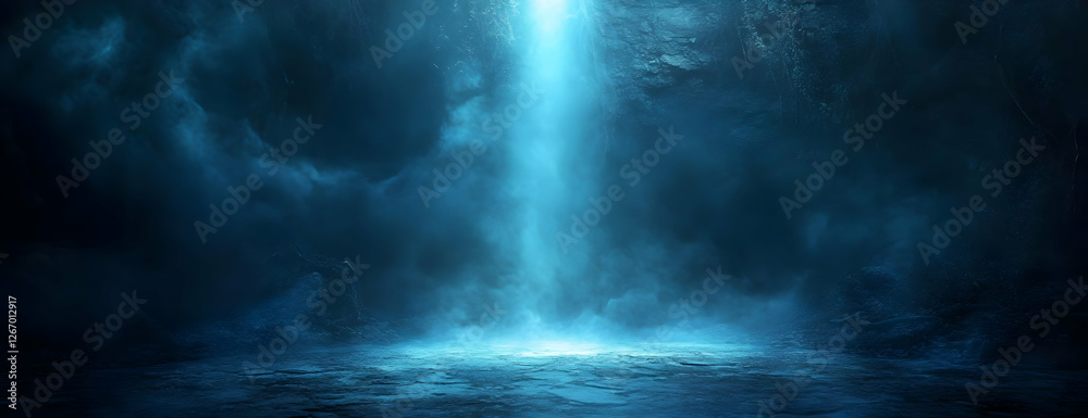 Fototapeta premium Blue light beam, smoky cave, dark background