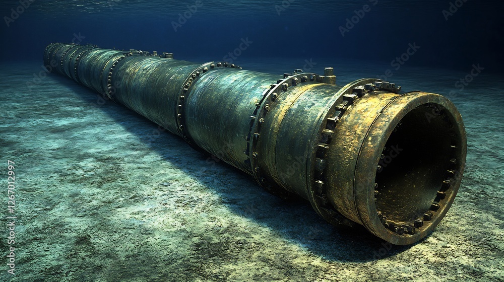 Submerged Metallic Pipe Mysteriously Rests on Ocean Floor. AI Generated Submerged Metallic Pipe Mysteriously Rests on Ocean Floor. AI Generated