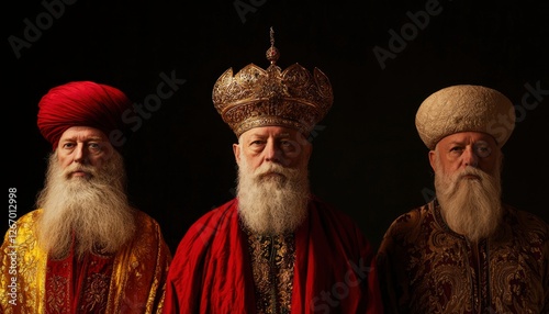 Three wise men stand together against a dark background, culture concept