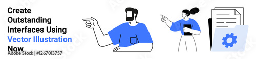 Two professionals interact, pointing and discussing design ideas. Nearby are documents and a gear icon for tech representation. Ideal for teamwork, UX design, software, technology, creativity