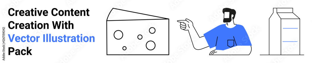 Cheese wedge with holes, man pointing, milk carton illustration. Ideal for food production, advertising, marketing, dairy branding, nutrition, education flat landing page banner Cheese wedge with holes, man pointing, milk carton illustration. Ideal for food production, advertising, marketing, dairy branding, nutrition, education flat landing page banner