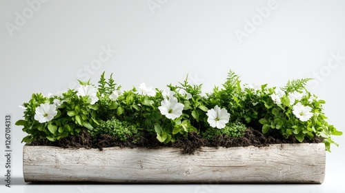 White flowers and ferns in a wooden trough planter against a white background, ideal for home decor