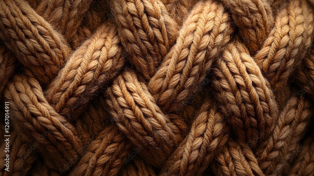 Close-up shot of a intricately knitted brown fabric. Shows the detailed texture and pattern of the cable knit. Macro detail. Intricate Knit Texture: A Brown Cable Knit Pattern Close-up shot of a intricately knitted brown fabric. Shows the detailed texture and pattern of the cable knit. Macro detail. Intricate Knit Texture: A Brown Cable Knit Pattern
