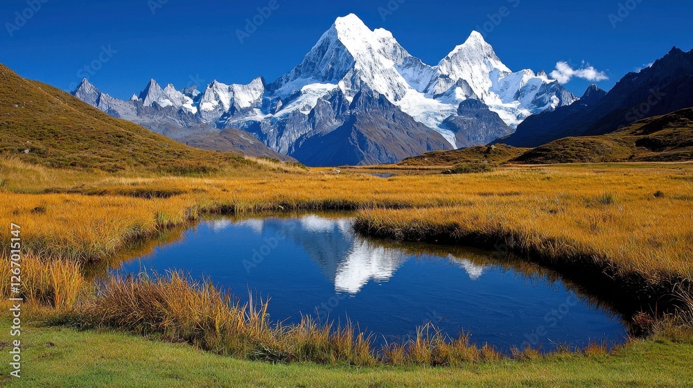 Fototapeta premium Majestic Snow-Capped Mountains Reflecting in Tranquil Blue Lake Surrounded by Golden Grassland