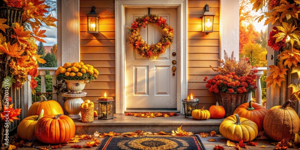 Obraz premium Autumnal Porch Decor Warm Lighting, Pumpkins, and Fall Foliage Enhance Home Entrance