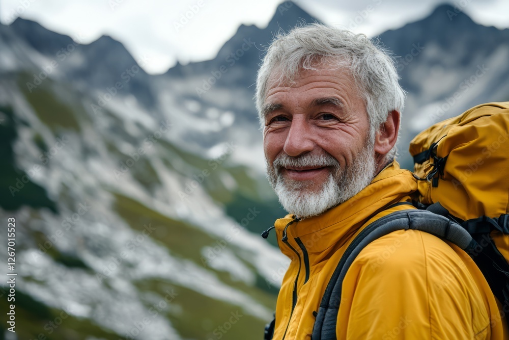 Elderly man hiking in the dolomites with a backpack and trekking poles Elderly man hiking in the dolomites with a backpack and trekking poles