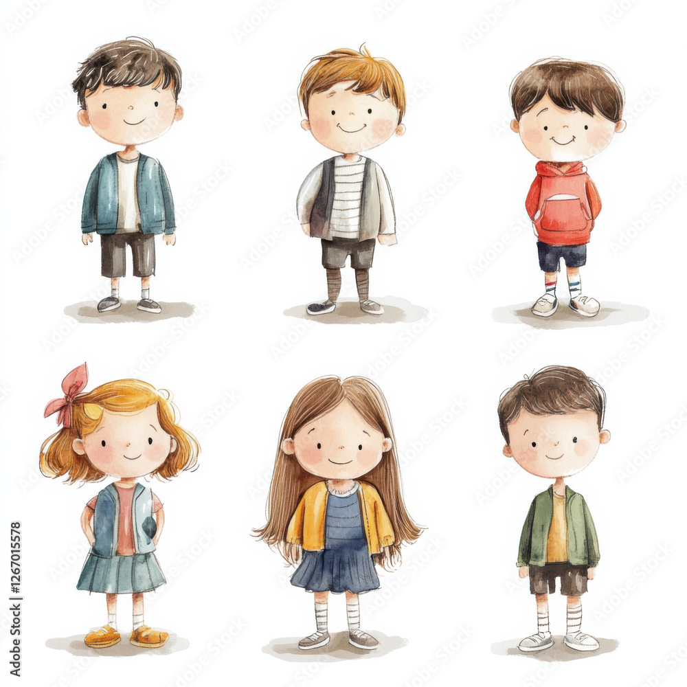 12 different kids on white background, watercolor style, minimalistic 12 different kids on white background, watercolor style, minimalistic