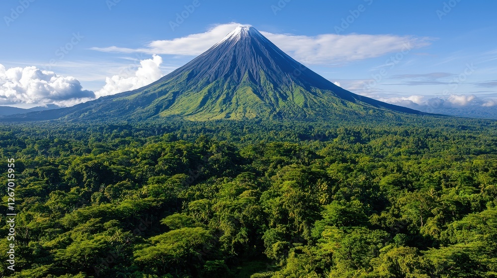Fototapeta premium Majestic Green Volcano Under Bright Blue Sky with Lush Tropical Forest in Foreground