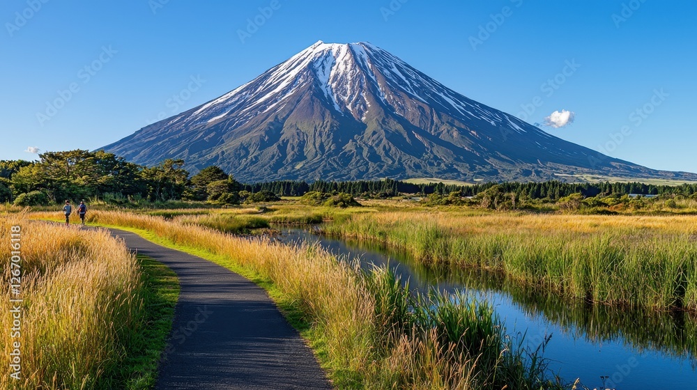Naklejka premium Scenic view of majestic mountain surrounded by lush greenery and clear blue sky in daytime