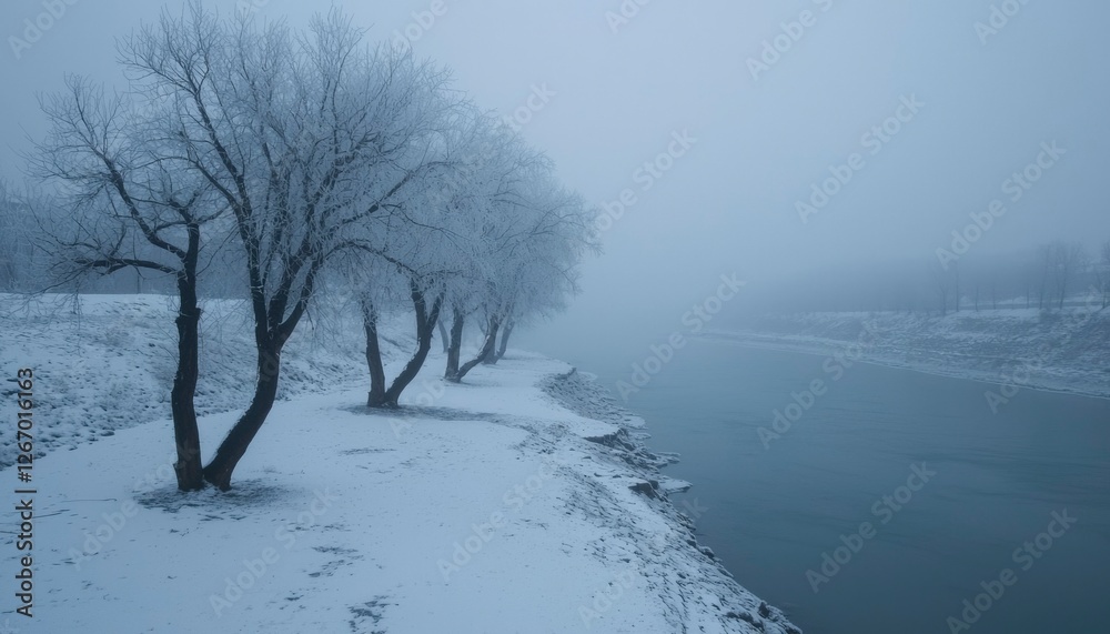Frosty trees line snowy riverbank on foggy morning. Travel scenery Frosty trees line snowy riverbank on foggy morning. Travel scenery